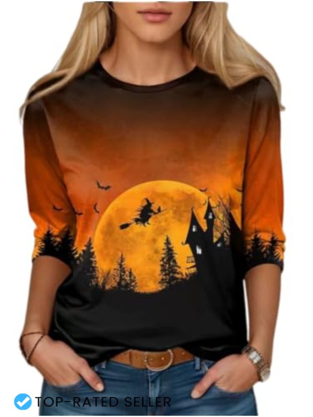 Women's 3/4 Sleeve Graphic T-Shirt Crew Neck Halloween Witch Pumpkin Fall Top